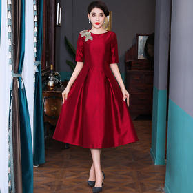 上海旗袍厂TZRY-21001新款喜婆婆连衣裙定制改良旗袍圆领中袖民族风旗袍