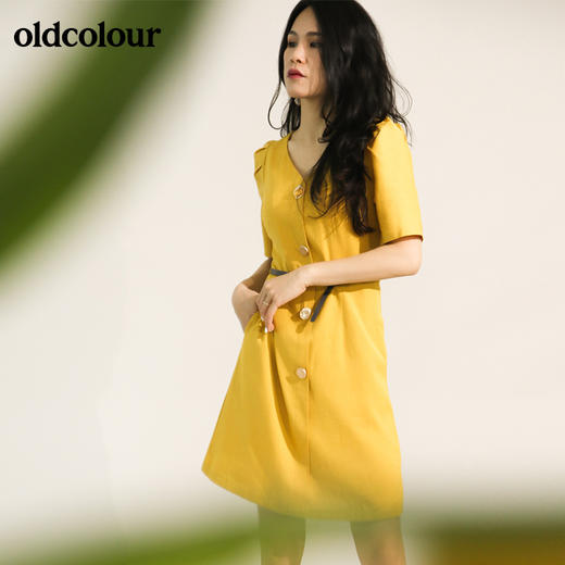 oldcolour欧珂泡泡袖亚麻V领连衣裙女中长款夏季M22101505 商品图1