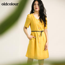 oldcolour欧珂泡泡袖亚麻V领连衣裙女中长款夏季M22101505