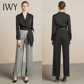 IWY/黑色绑带长袖衬衫千鸟格拼黑长裤套装203091B1+203091P6