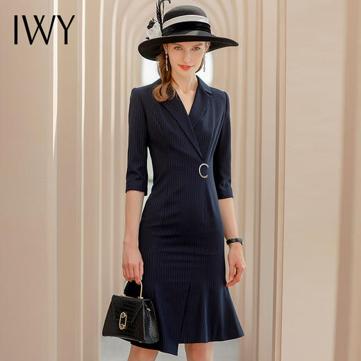 七分袖藏青色时尚条纹连衣裙职业装包臀鱼尾裙气质名媛西装裙Q517 商品图0