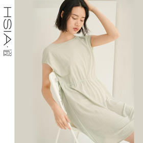 HSIA遐睡衣裙女夏季薄款圆领宽松抽绳中裙亲肤透气简约新款家居裙