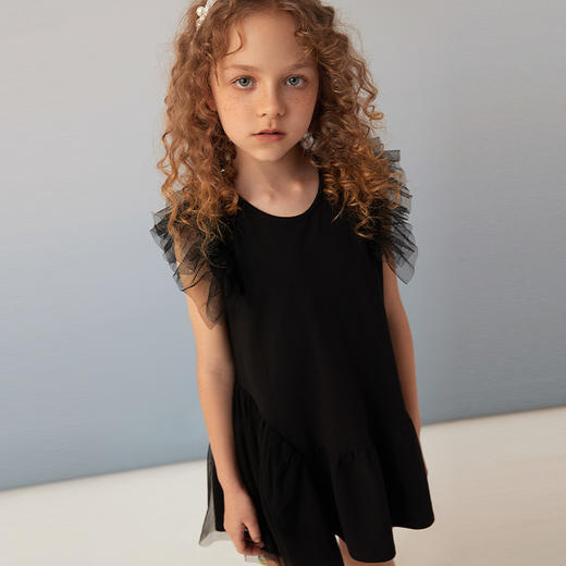 【纯棉不对称礼裙】童装不规则荷叶边黑色连衣裙女童2021夏百褶裙子 商品图1