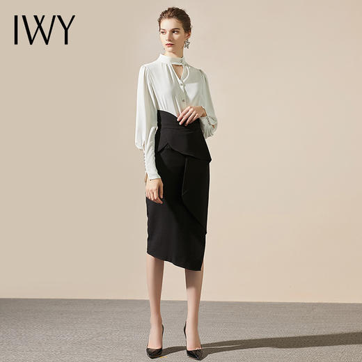 IWY/ 时尚圆领休闲长袖百搭系带衬衫女气质显瘦职业装正装鱼尾裙工作服203082B1+203100S1 商品图4