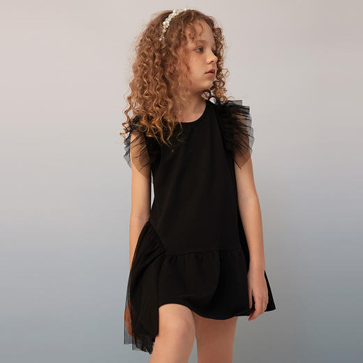 【纯棉不对称礼裙】童装不规则荷叶边黑色连衣裙女童2021夏百褶裙子 商品图2
