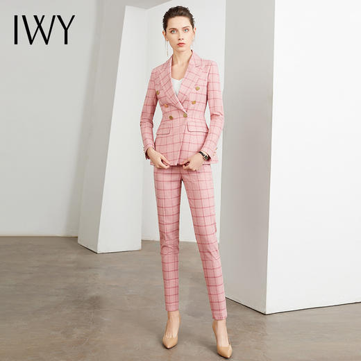 IWY/王嘉宁同款-小香风粉色格子韩版西装套装女职业商务修身时尚气质名媛职场正装	CP400 商品图4