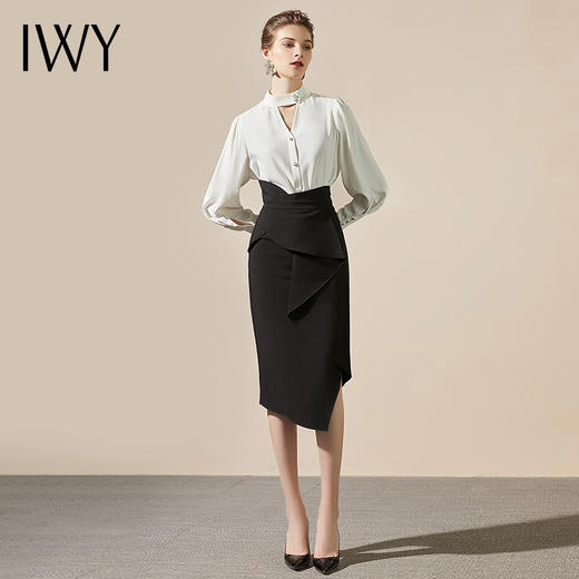IWY/ 时尚圆领休闲长袖百搭系带衬衫女气质显瘦职业装正装鱼尾裙工作服203082B1+203100S1 商品图2