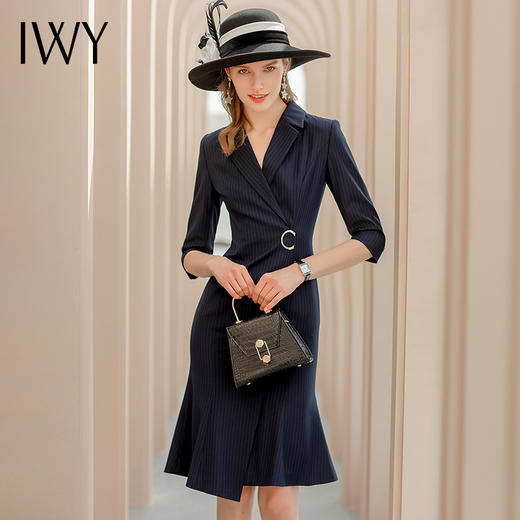 七分袖藏青色时尚条纹连衣裙职业装包臀鱼尾裙气质名媛西装裙Q517 商品图2
