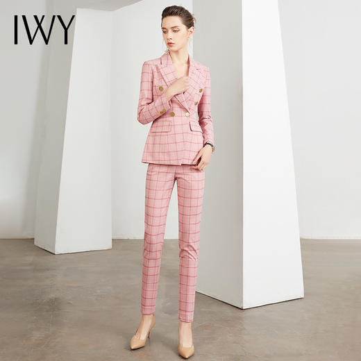 IWY/王嘉宁同款-小香风粉色格子韩版西装套装女职业商务修身时尚气质名媛职场正装	CP400 商品图7