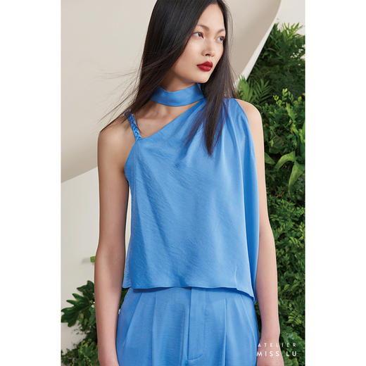 【菲丽西塔】海盐蓝斜肩系领不规则编织吊带上衣/00178A 商品图1