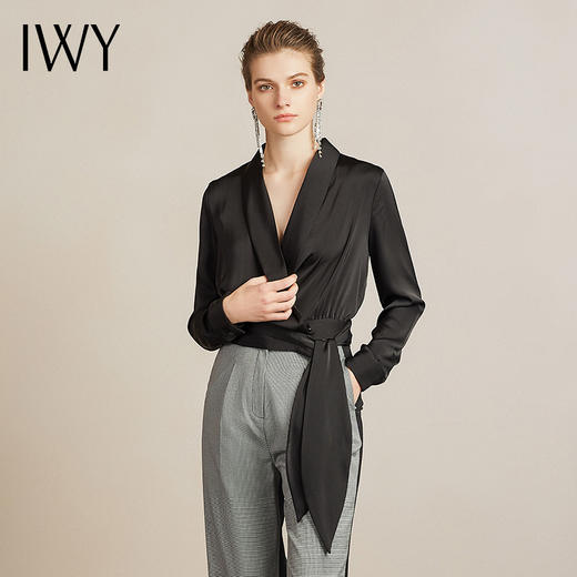 IWY/黑色绑带长袖衬衫千鸟格拼黑长裤套装203091B1+203091P6 商品图2