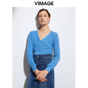 VIMAGE纬漫纪秋款气质V领灯笼袖修身简约百搭针织开衫女VA2101101