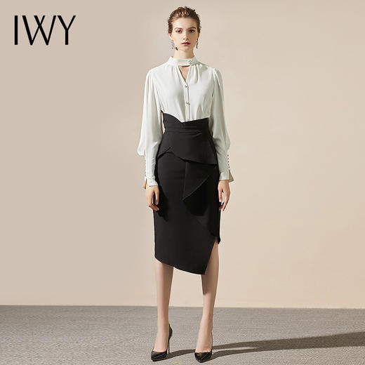 IWY/ 时尚圆领休闲长袖百搭系带衬衫女气质显瘦职业装正装鱼尾裙工作服203082B1+203100S1 商品图0