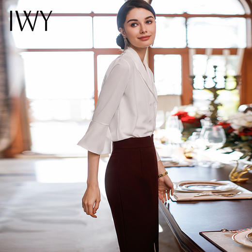 IWY/时尚职业装女式衬衫气质白色V领长袖气质酒红色半裙套装B58+S243 商品图2