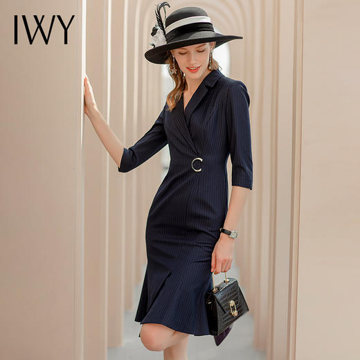 七分袖藏青色时尚条纹连衣裙职业装包臀鱼尾裙气质名媛西装裙Q517 商品图4