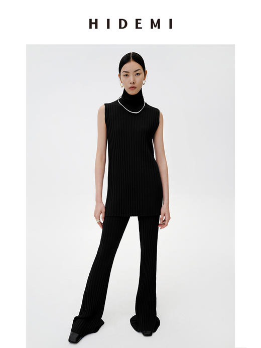 HIDEMI 纸片人超显瘦针织套装 高领背心/喇叭裤 商品图3