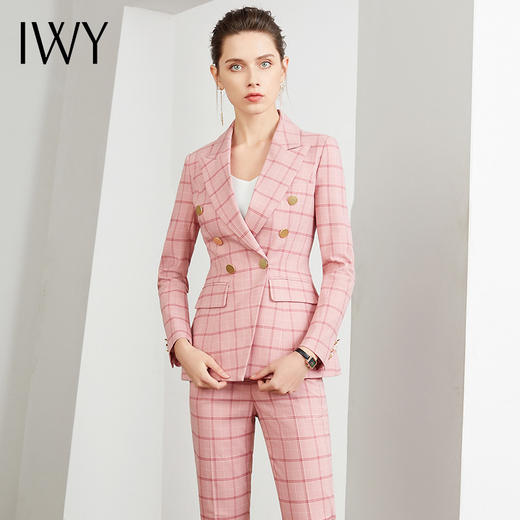 IWY/王嘉宁同款-小香风粉色格子韩版西装套装女职业商务修身时尚气质名媛职场正装	CP400 商品图6