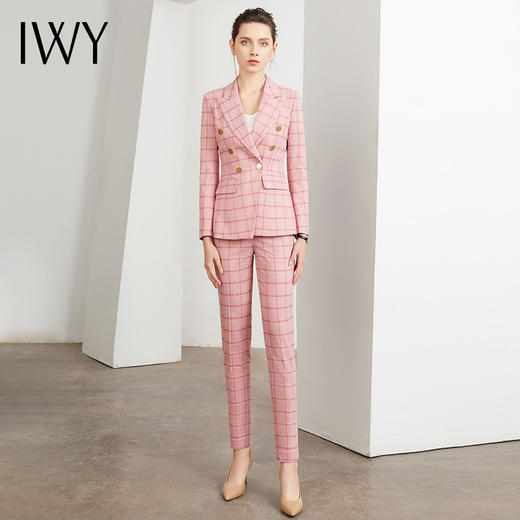 IWY/王嘉宁同款-小香风粉色格子韩版西装套装女职业商务修身时尚气质名媛职场正装	CP400 商品图3