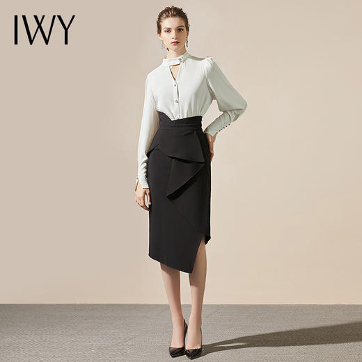 IWY/ 时尚圆领休闲长袖百搭系带衬衫女气质显瘦职业装正装鱼尾裙工作服203082B1+203100S1 商品图1