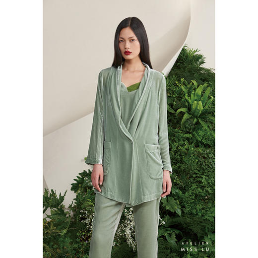 【雨久】海松绿真丝丝绒慵懒宽松单扣西装外套/00187 商品图0