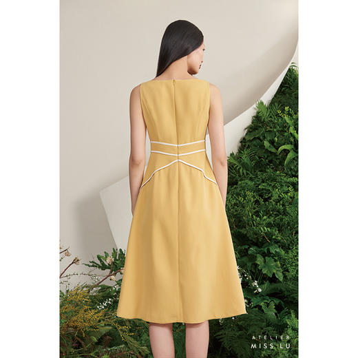 【海岛野梨树】奶黄米白撞色线条V领褶皱连衣裙/0000679 商品图2