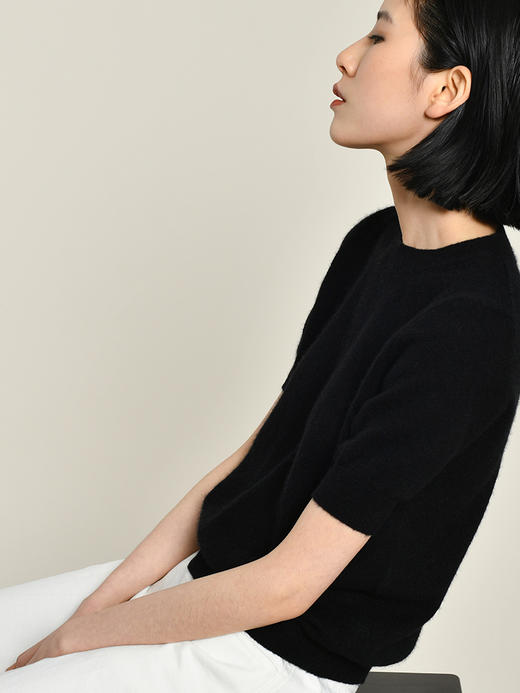 2021新款女士拉毛真丝羊绒十二针单股短袖套头衫 商品图4