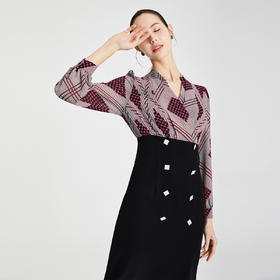 RF8B6斯尔丽瑟俪2021年春季新品职场格子撞色假两件中长款连衣裙