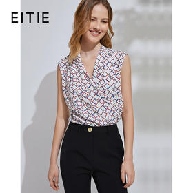 EITIE爱特爱春季新款洋气复古V领一片式包肩袖印花显瘦短上衣