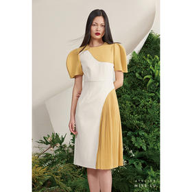 【玛丽假期】不规则奶黄米白撞色泡泡袖褶皱连衣裙/0000651