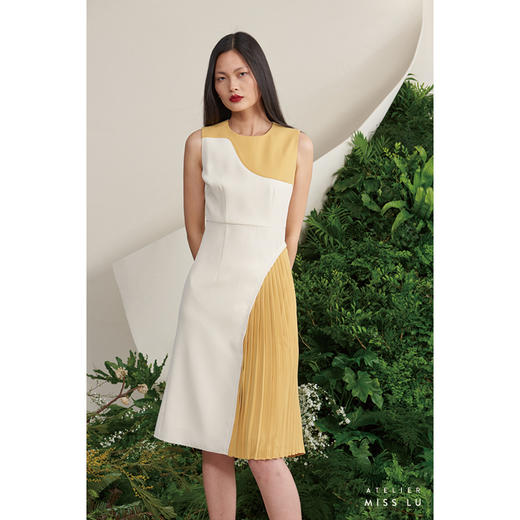 【法兰西多士】不规则奶黄米白撞色褶皱连衣裙/0000650 商品图3