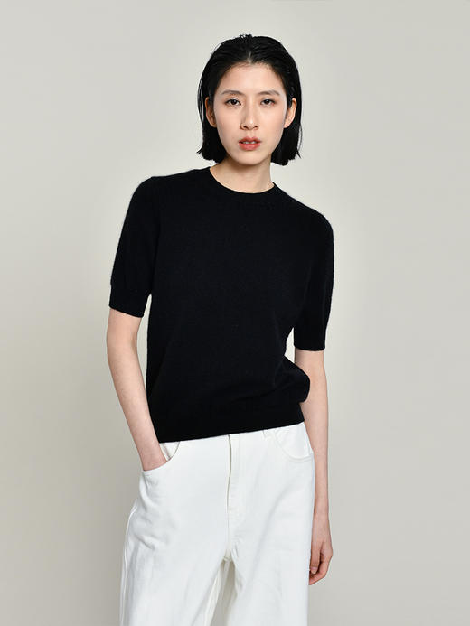 2021新款女士拉毛真丝羊绒十二针单股短袖套头衫 商品图1