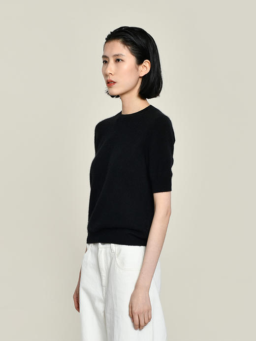 2021新款女士拉毛真丝羊绒十二针单股短袖套头衫 商品图2