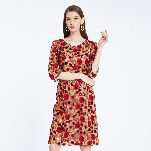 QF84C斯尔丽2021年春季上新瑟俪复古定制绣花淑女合体连衣裙 商品图0