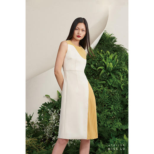 【法兰西多士】不规则奶黄米白撞色褶皱连衣裙/0000650 商品图1