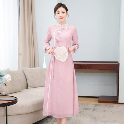 AHM- ymj8147 改良版旗袍连衣裙女2021新款复古端庄大气唐装中国风汉服气质长裙 商品图3