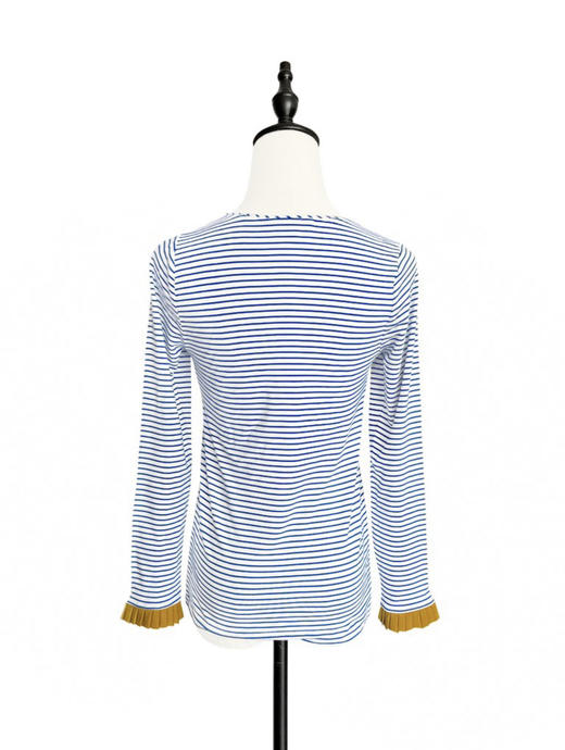 TYNVIE 撞色百褶袖口长袖上衣 - 蓝白条纹 商品图2