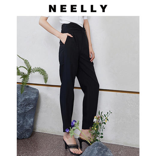 NEELLY纳俪抽褶荷叶边腰封直筒小脚西装裤显瘦百搭宽松黑色休闲裤N092104AH035 商品图1