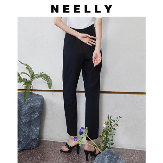 NEELLY纳俪抽褶荷叶边腰封直筒小脚西装裤显瘦百搭宽松黑色休闲裤N092104AH035 商品图3