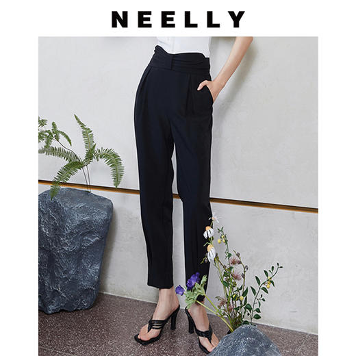 NEELLY纳俪抽褶荷叶边腰封直筒小脚西装裤显瘦百搭宽松黑色休闲裤N092104AH035 商品图0