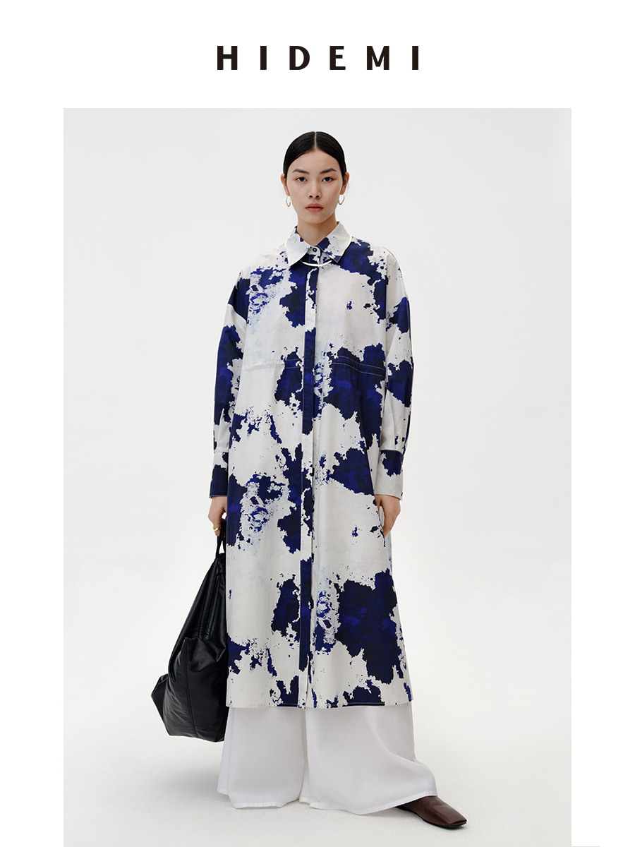 HIDEMI 蓝色印花特殊涂层棉三件套 衬衫/衬衫裙/弹力打底上衣