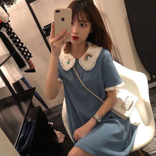 2021春夏新款刺绣娃娃领雪纺连衣裙蓝色宽松显瘦小清新学生polo裙 商品图1