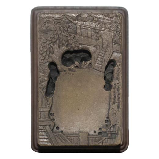 清代 满工山水楼阁人物随身砚台（红木座） 商品图5