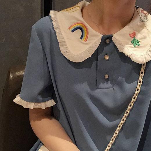 2021春夏新款刺绣娃娃领雪纺连衣裙蓝色宽松显瘦小清新学生polo裙 商品图2