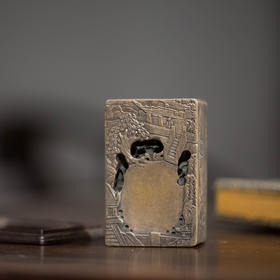 清代 满工山水楼阁人物随身砚台（红木座）