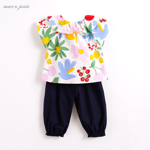 【打折】马克珍妮夏装 女童荷叶领花朵纯棉套装 宝宝套装210739 商品图1