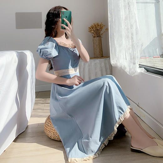 【2021法式宫廷 风复古方领蓝色可盐可甜】复古方领泡泡袖连衣裙 女夏镂空气质显瘦仙女仙森系蓝裙子 商品图4