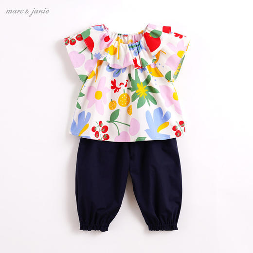 【打折】马克珍妮夏装 女童荷叶领花朵纯棉套装 宝宝套装210739 商品图0