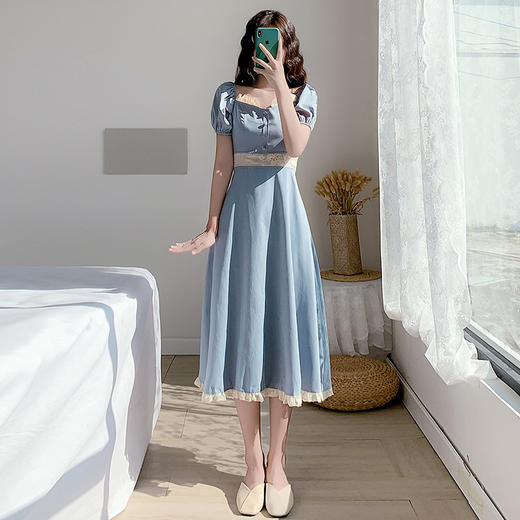 【2021法式宫廷 风复古方领蓝色可盐可甜】复古方领泡泡袖连衣裙 女夏镂空气质显瘦仙女仙森系蓝裙子 商品图2