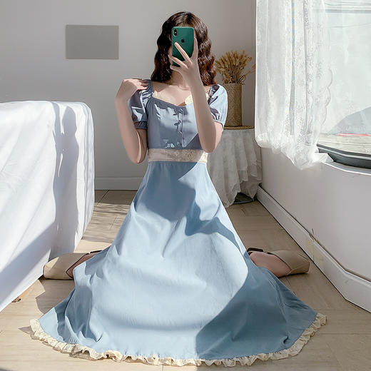 【2021法式宫廷 风复古方领蓝色可盐可甜】复古方领泡泡袖连衣裙 女夏镂空气质显瘦仙女仙森系蓝裙子 商品图3