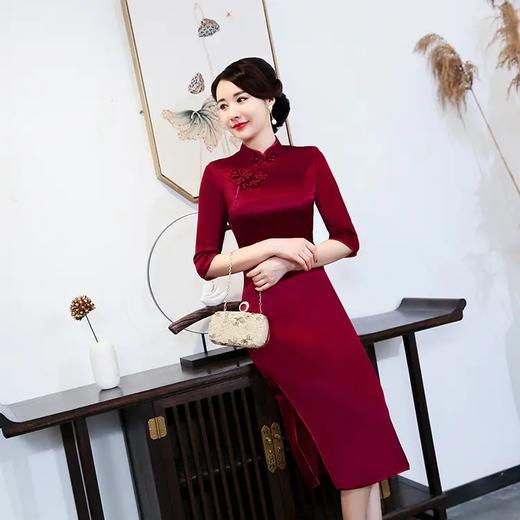 中长款七分袖酒红色婚礼婚宴丈母娘婚礼服醋酸缎旗袍1948 商品图3